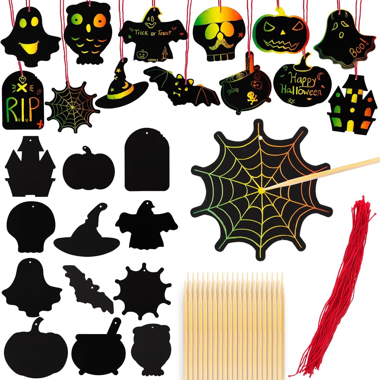 Halloween Crafts (Bulk) - Scratch Art for Kids, 60 Sets with 60 Designs, 60 Sticks